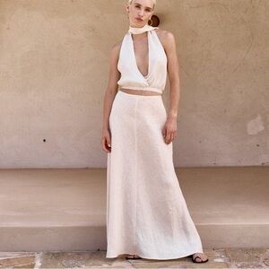 NWT VRG GRL CARMINE LINEN BIAS CUT MIDI SKIRT CREAM Size 8 AU (Size 4 US)